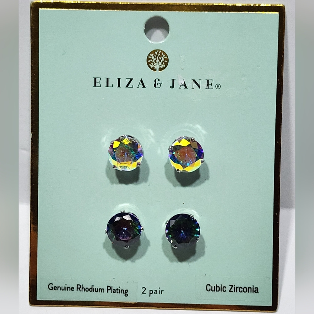 2 Pairs Eliza & Jane Aurora Borealis Cubic Zirconia Stud Earrings New